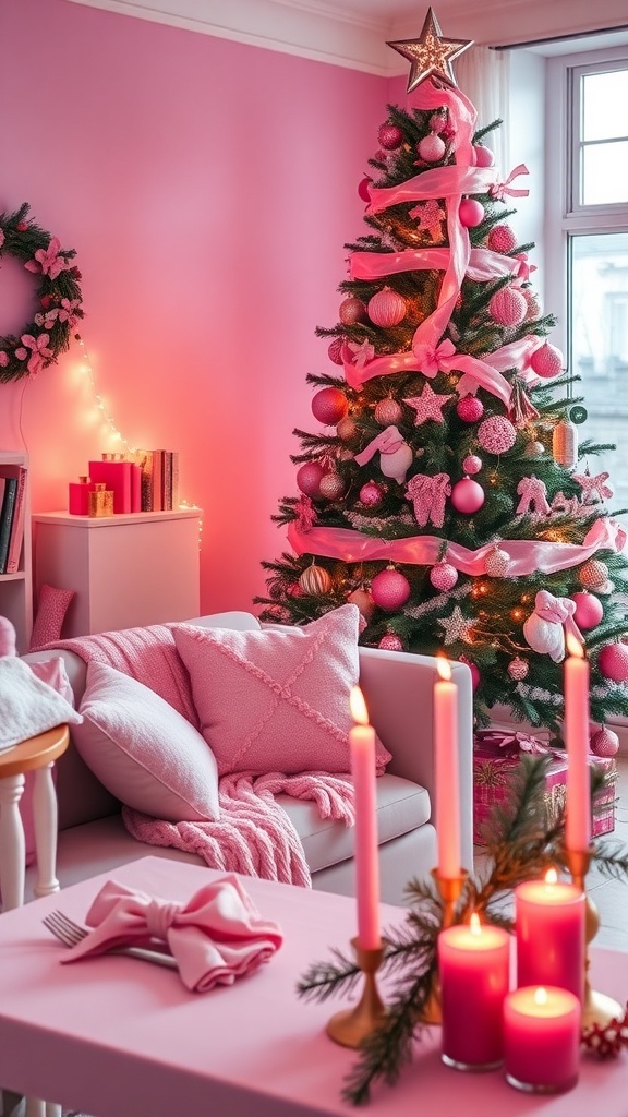 A pink-themed Christmas room with a decorated tree, cozy seating, and festive table decor.